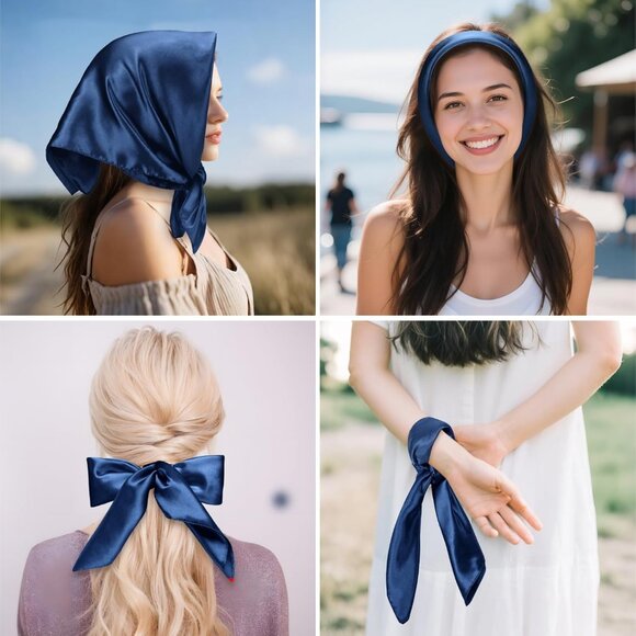 Women's Navy Blue Silk Feeling Scarf 23.6'' Square Satin Scarf Neck Head Bandana - Picture 7 of 7